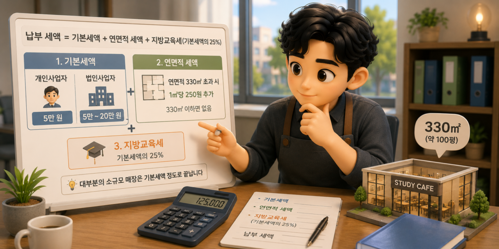 주민세 사업소분 세액인 기본세액·연면적 세액·지방교육세 합산 계산법을 정리한 도표
