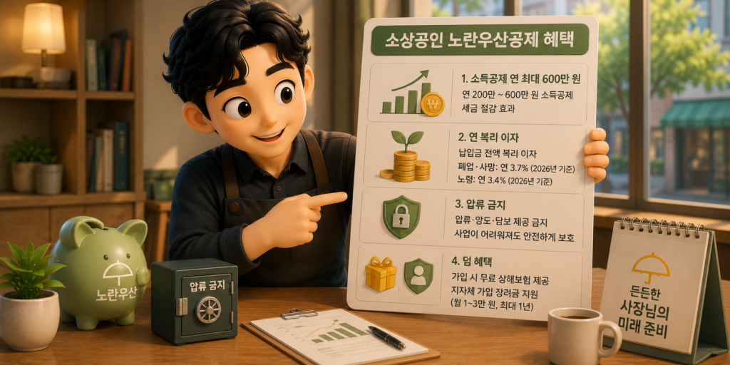 노란우산공제 절세 혜택인 소득공제 연 최대 600만 원·복리 이자·압류 금지·덤 혜택을 정리한 도표