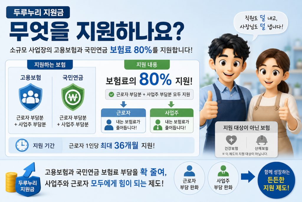 두루누리 지원금이 고용보험·국민연금 보험료 80%를 근로자·사업주 모두 지원함을 정리한 도표