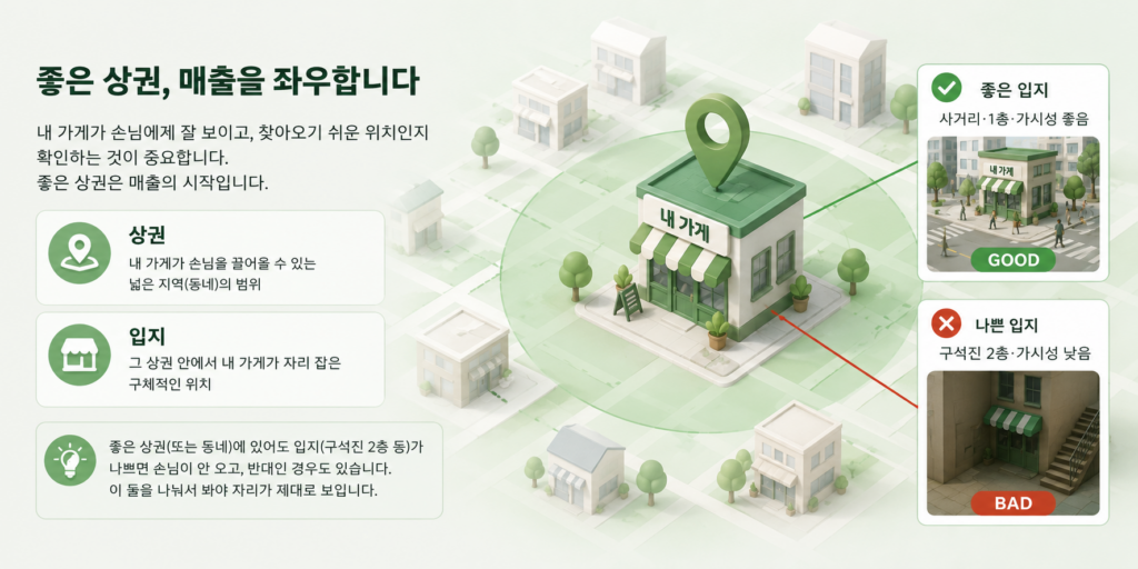 상권과 입지의 차이를 지도로 보여주는 도표와 좋은 입지·나쁜 입지 비교