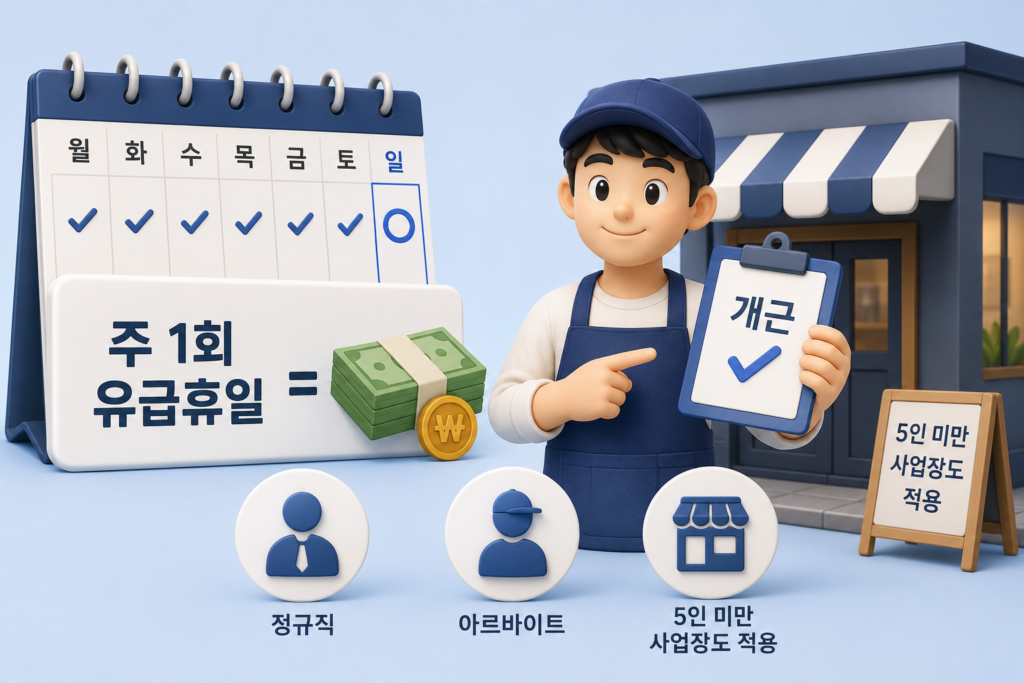 주휴수당 개념인 주 1회 유급휴일과 정규직·아르바이트·5인 미만 사업장 적용을 보여주는 이미지