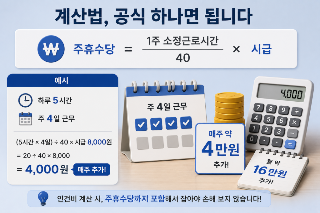 주휴수당 계산법 공식과 2026년 최저시급 기준 풀타임·알바생 지급액 예시를 정리한 도표
