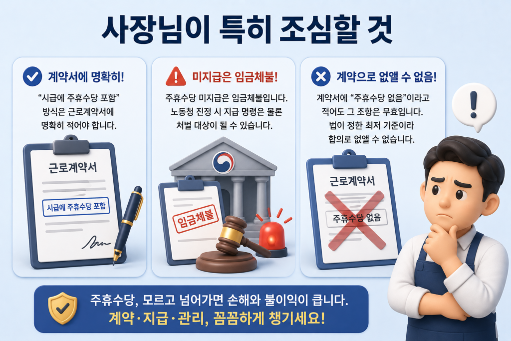 주휴수당 관련 사장님 주의점인 계약서 명시·미지급은 임금체불·조항 무효를 정리한 도표
