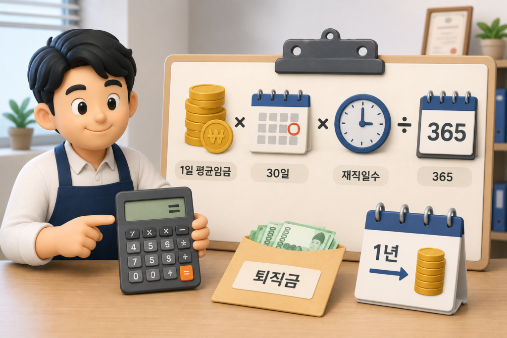 퇴직금 계산법 공식인 1일 평균임금 × 30일 × 재직일수 ÷ 365를 보여주는 이미지