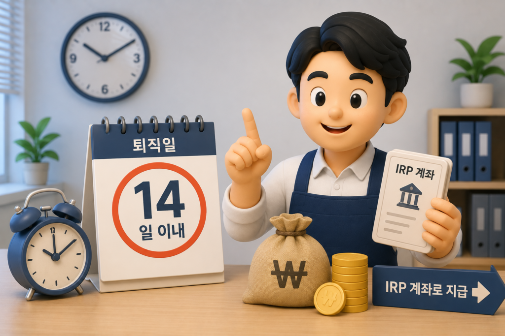 퇴직금 지급 기한 14일 이내와 IRP 계좌 지급 원칙을 보여주는 이미지