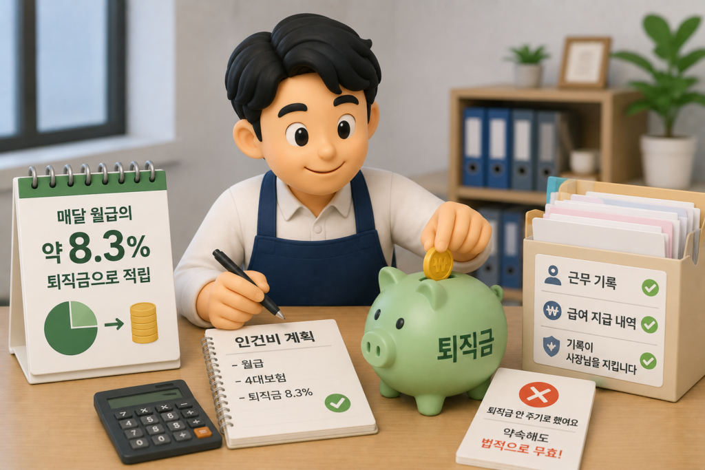 퇴직금 대비 사장님 준비사항인 월급 8.3% 적립·안 주기로 한 약속 무효·근무 기록 보관을 정리한 도표