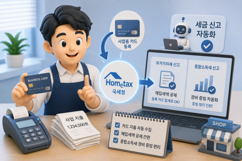 사업용 카드를 홈택스에 등록하면 지출이 자동 수집되어 세금 신고가 자동화되는 과정을 보여주는 이미지