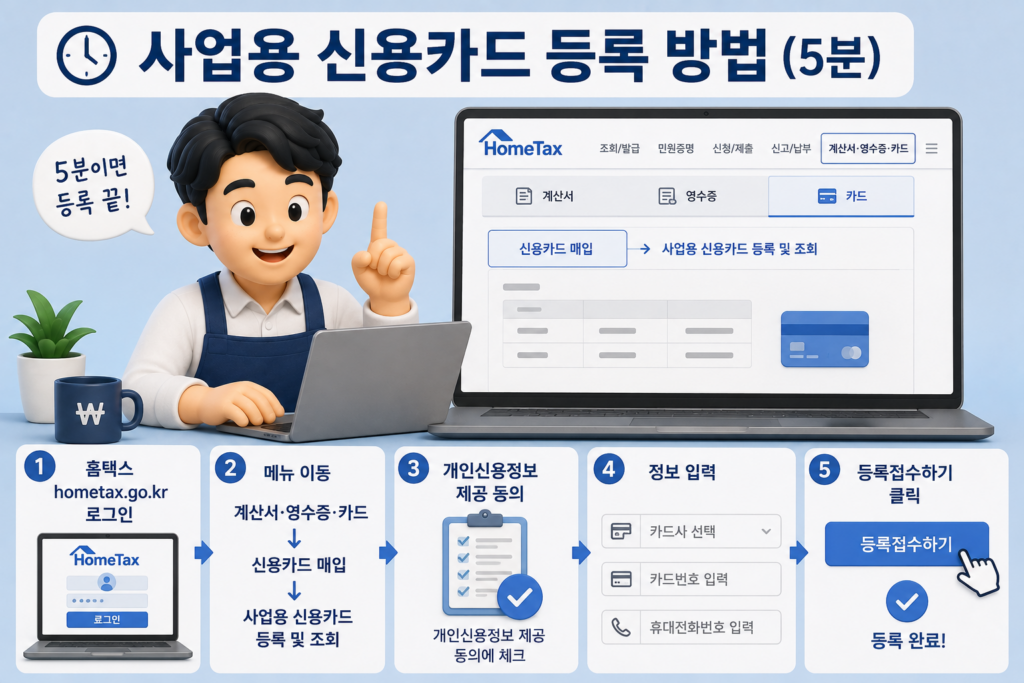 사업용 신용카드 홈택스 등록 방법인 로그인·메뉴 이동·정보 동의·입력·등록접수 5단계를 정리한 도표