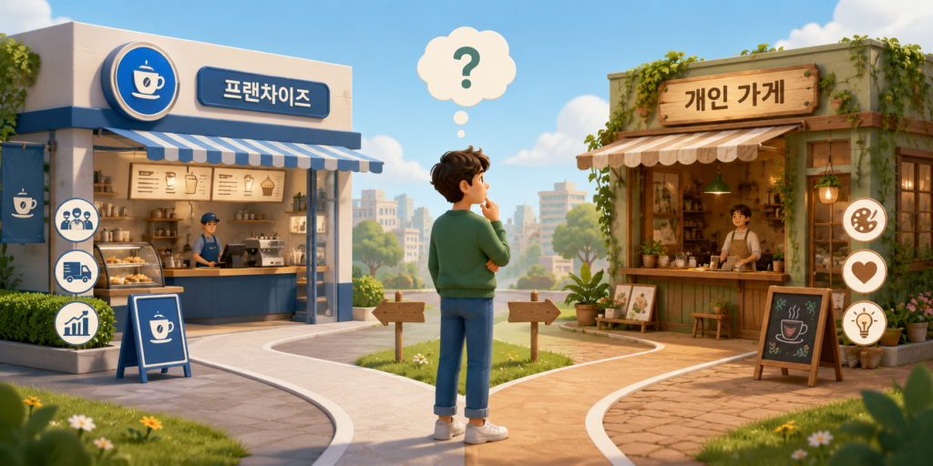 프랜차이즈와 개인 가게 갈림길에서 창업 방향을 고민하는 예비 창업자