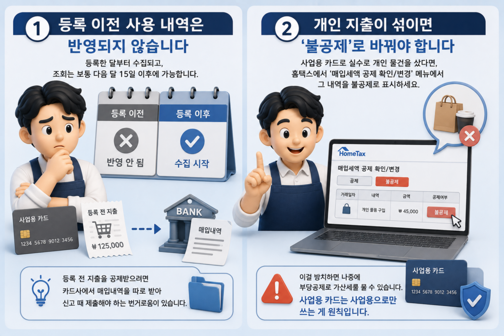 사업용 카드 등록 주의점인 등록 이전 내역 미반영과 개인 지출 불공제 처리를 정리한 도표