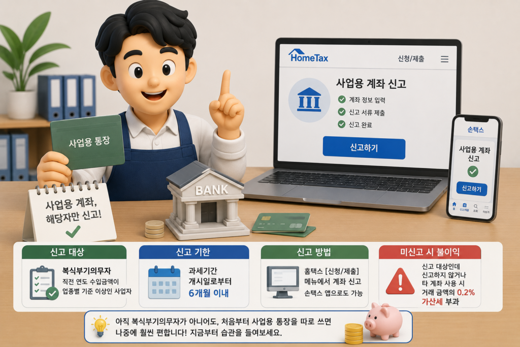 사업용 계좌 신고 대상인 복식부기의무자와 신고 기한·방법·미신고 시 0.2% 가산세를 정리한 도표