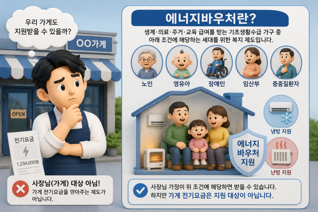 에너지바우처가 가게 냉방비가 아닌 취약계층 가정의 냉난방을 지원하는 제도임을 설명한 도표