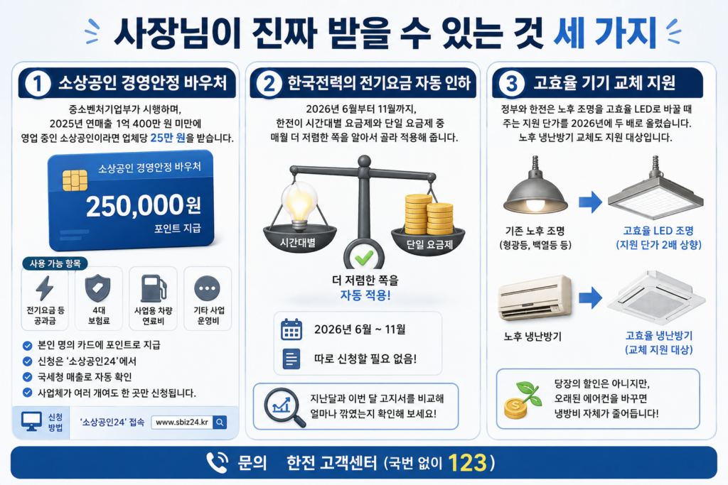소상공인이 받을 수 있는 경영안정 바우처·전기요금 자동 인하·고효율 기기 교체 지원을 정리한 도표