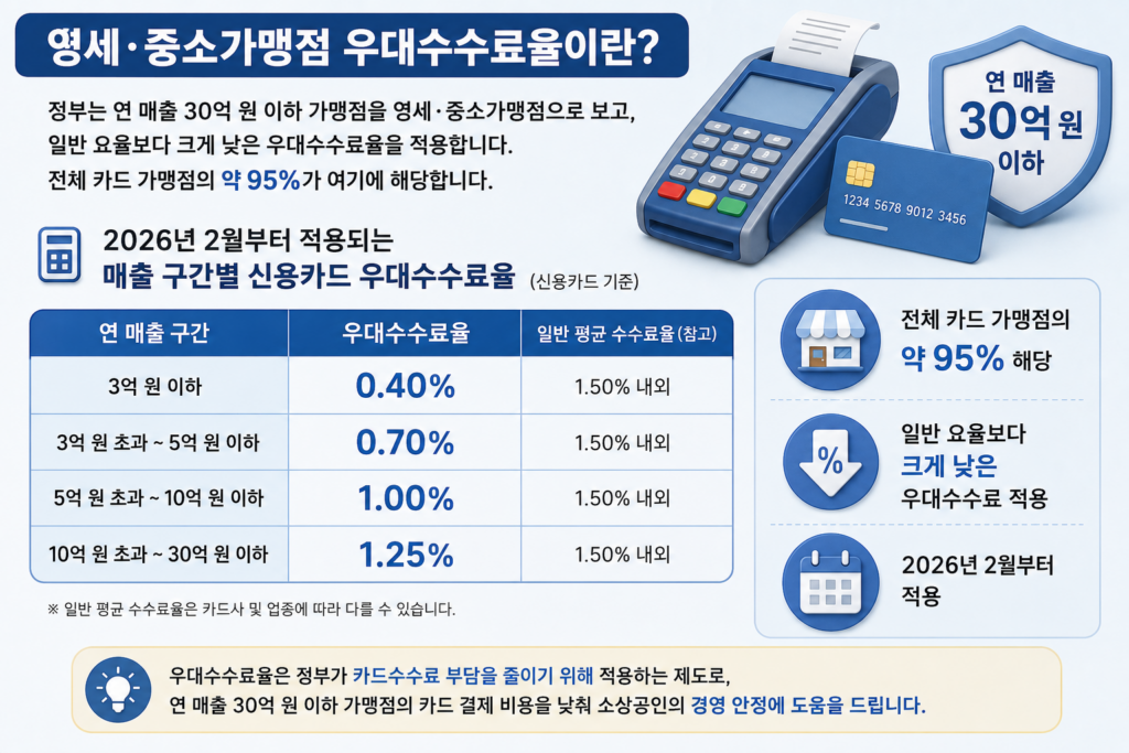 영세·중소가맹점 우대수수료율의 매출 구간별 신용카드 우대수수료율을 정리한 도표