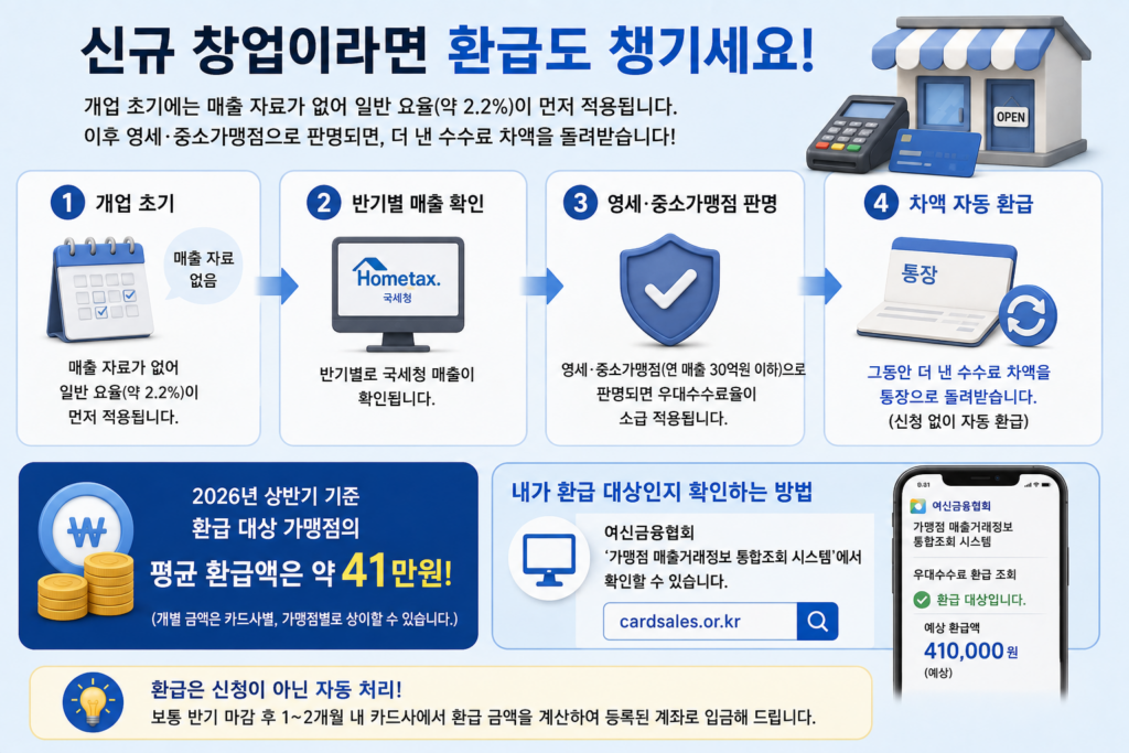 신규 창업자 카드 수수료 차액 자동 환급 과정과 평균 환급액 약 41만 원을 정리한 도표