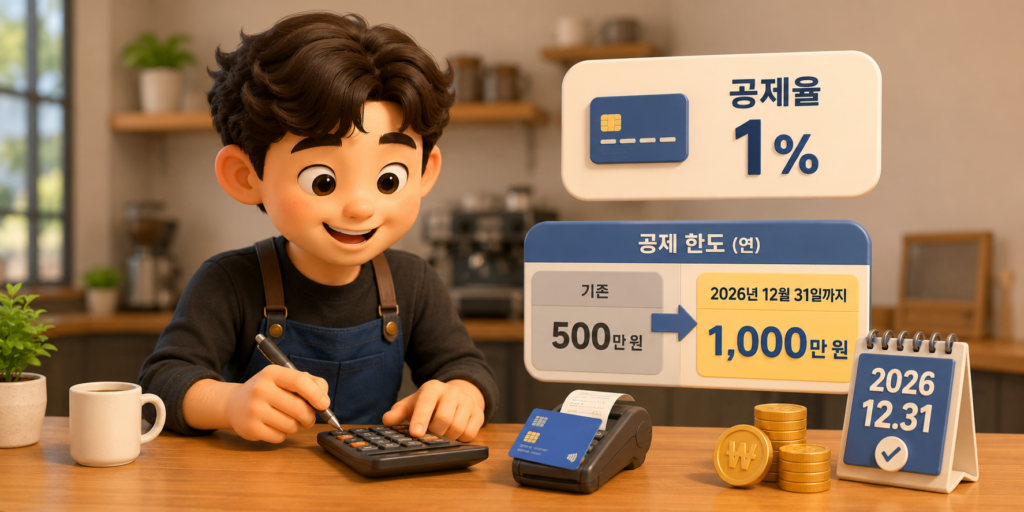 신용카드 매출세액공제율 1%와 공제 한도 연 1,000만 원 상향을 보여주는 이미지