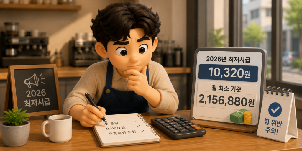 2026년 최저시급 10,320원과 월 최소 기준 215만 6,880원을 확인하는 사장님을 보여주는 이미지
