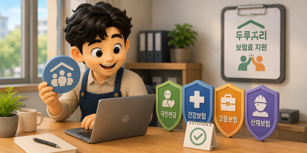 직원 고용 시 가입하는 국민연금·건강보험·고용보험·산재보험 4대보험과 두루누리 지원을 보여주는 이미지