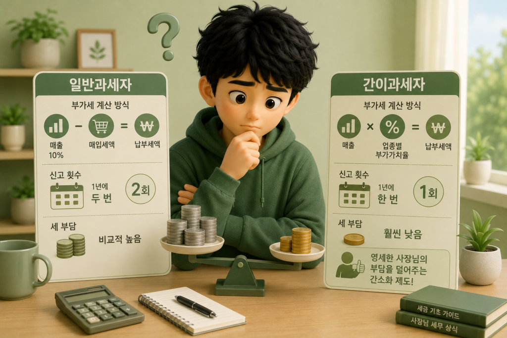 간이과세자와 일반과세자의 부가세 계산 방식·신고 횟수·세 부담 차이를 비교한 도표