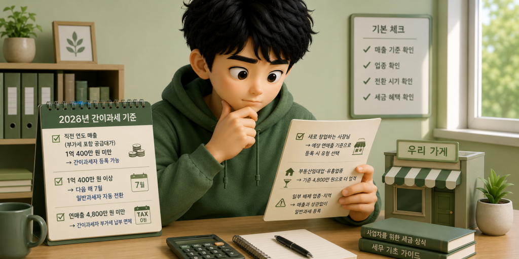 2026년 간이과세 기준인 매출 1억 400만 원 미만 등록 가능과 4,800만 원 미만 부가세 면제를 정리한 도표