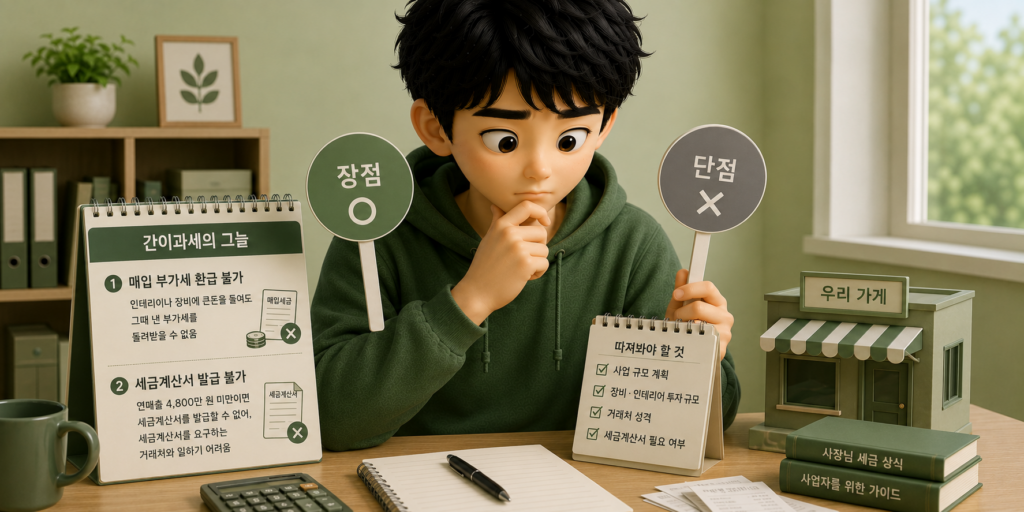 간이과세의 단점인 매입 부가세 환급 불가와 세금계산서 발급 불가를 정리한 도표