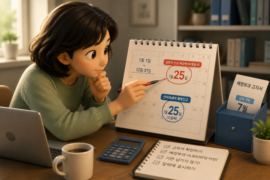 간이과세자 부가세 신고 기간 1월 25일과 세금계산서 발급 시 7월 25일 추가 신고를 정리한 도표