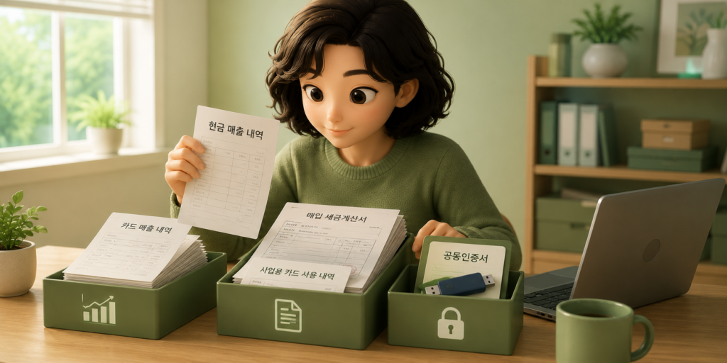 간이과세 부가세 신고 전 준비물인 1년 치 매출 내역·매입 세금계산서와 사업용 카드 내역·공동인증서를 정리한 도표