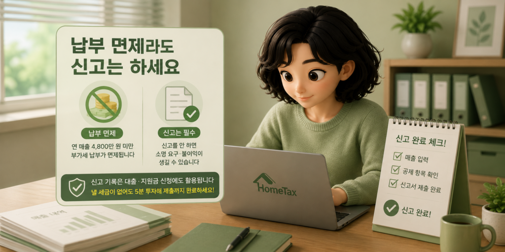 매출 4,800만 원 미만은 부가세 납부는 면제되지만 신고는 해야 함을 강조한 이미지