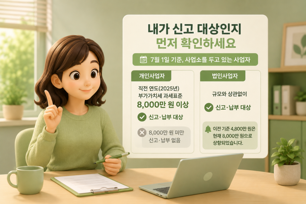 주민세 사업소분 신고 대상인 부가세 과세표준 8,000만 원 이상 개인사업자와 규모 무관 법인을 구분한 도표