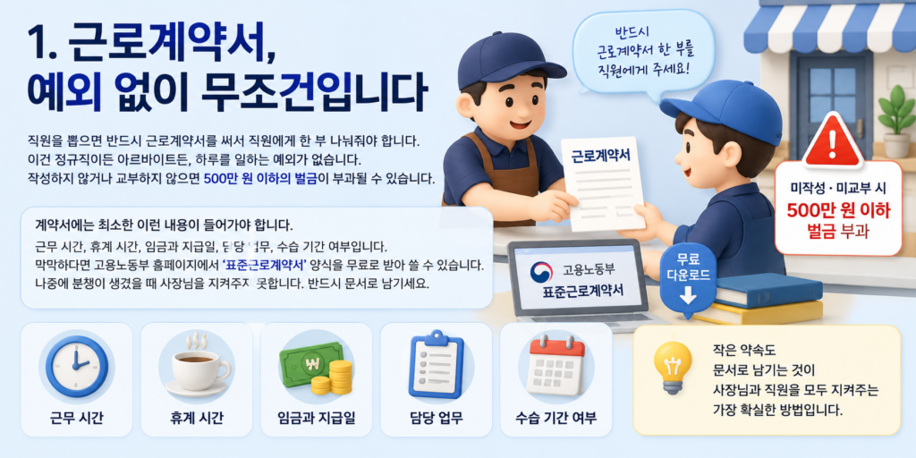 근로계약서 작성·교부 의무와 미작성 시 벌금, 계약서 필수 기재 항목을 정리한 도표