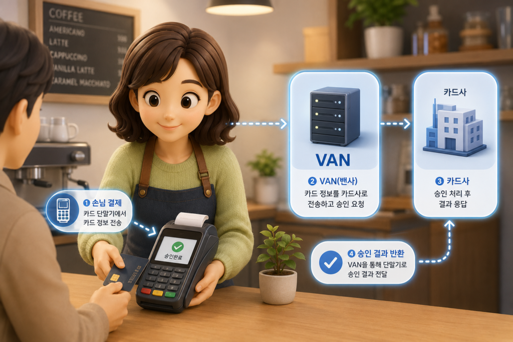 가게 카드결제 시 손님 결제부터 VAN사 승인 요청, 카드사 응답, 승인 결과 반환까지 VAN의 역할을 정리한 도표
