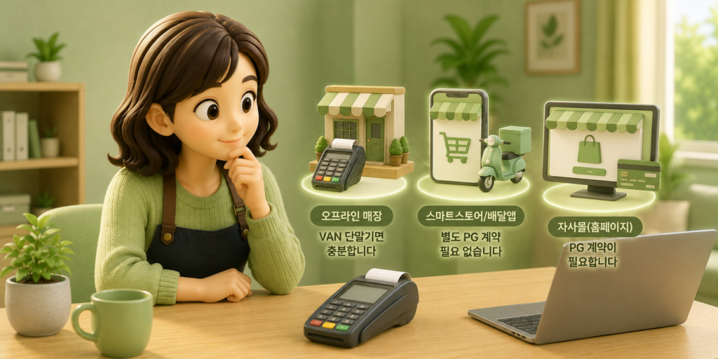 오프라인 매장은 VAN 단말기, 스마트스토어·배달앱은 PG 불필요, 자사몰은 PG 계약이 필요함을 판매 방식별로 정리한 도표