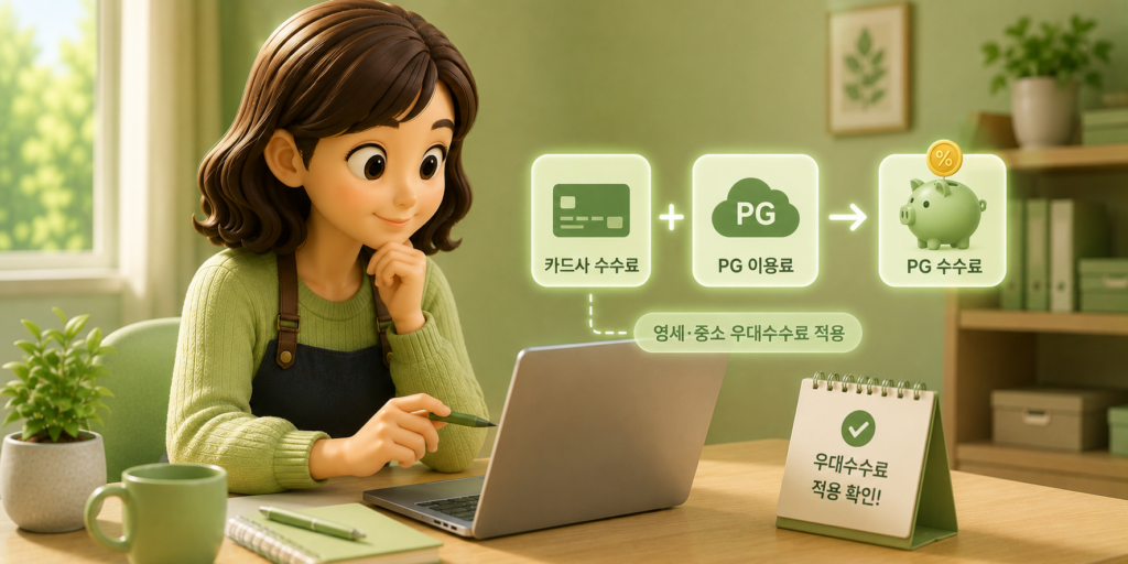 PG 수수료가 카드사 수수료에 PG 이용료를 더한 구조이며 영세·중소 우대수수료 적용 여부를 확인하라는 내용을 보여주는 이미지
