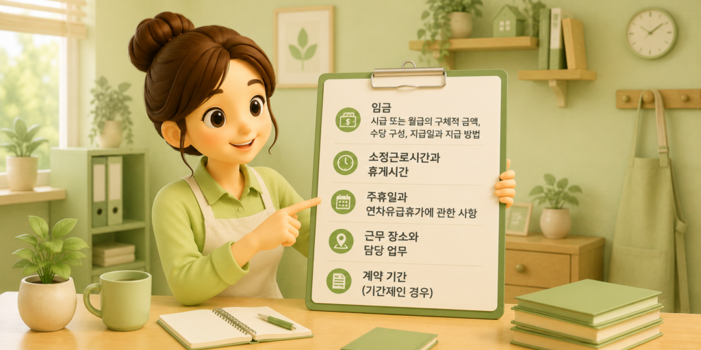 근로계약서 필수 기재 항목인 임금·소정근로시간·주휴일과 연차·근무 장소와 업무·계약 기간을 정리한 도표