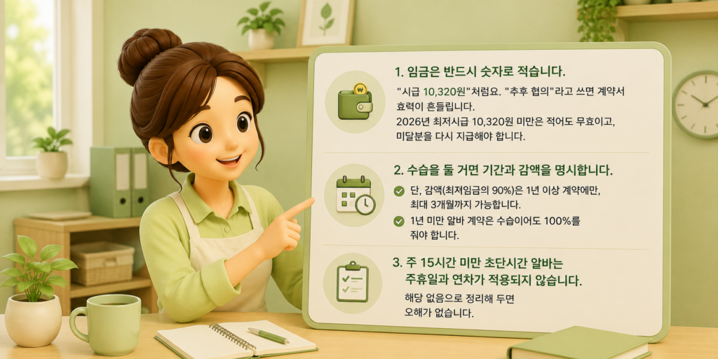 근로계약서 작성 시 임금은 숫자로 명시·수습 감액 조건·초단시간 알바 주휴 미적용을 항목별로 정리한 도표