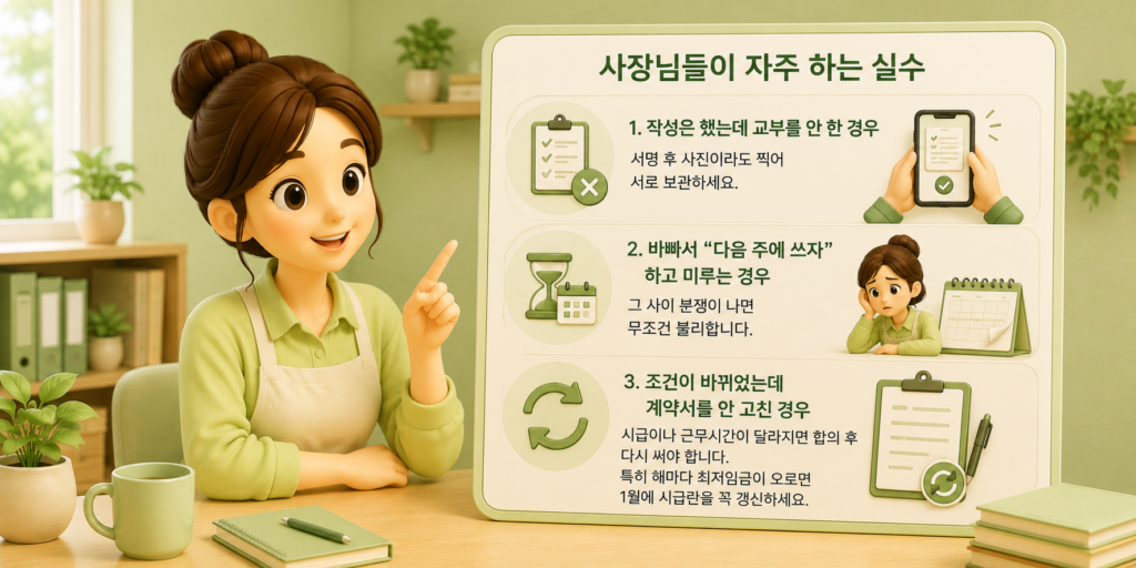 근로계약서 작성 시 사장님이 자주 하는 실수인 교부 누락·작성 미루기·조건 변경 후 미갱신을 정리한 도표