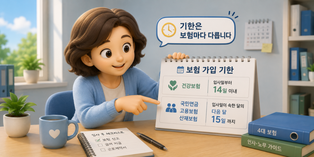 4대보험 신고 기한이 건강보험 14일·국민연금·고용·산재보험 다음 달 15일로 달라 가장 짧은 14일에 맞추라는 내용을 정리한 도표