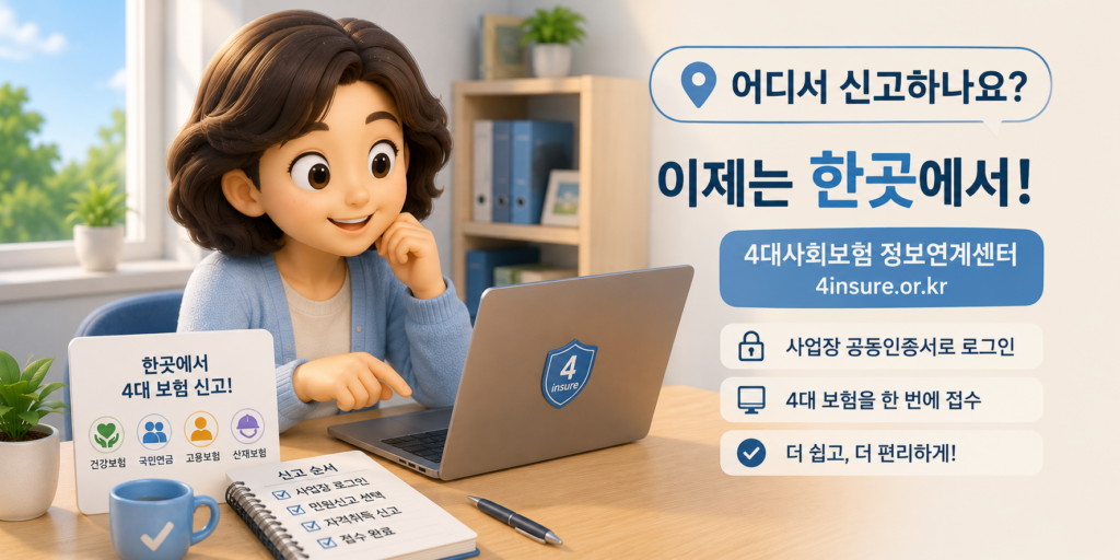 4대보험을 4대사회보험 정보연계센터 한곳에서 공동인증서 로그인으로 한 번에 신고하는 방법을 보여주는 이미지