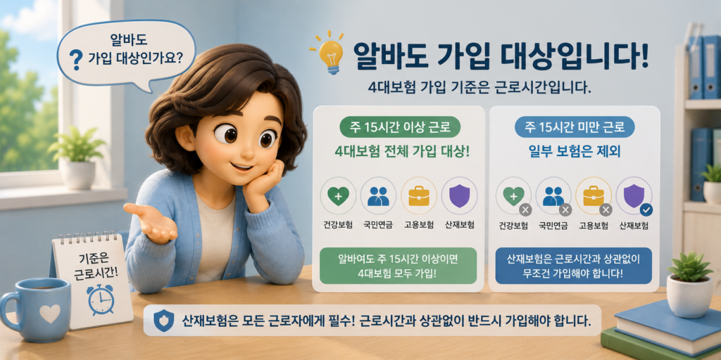 알바도 주 15시간 이상이면 4대보험 전체 가입 대상이고 산재보험은 근로시간과 무관하게 무조건 가입해야 함을 비교한 도표