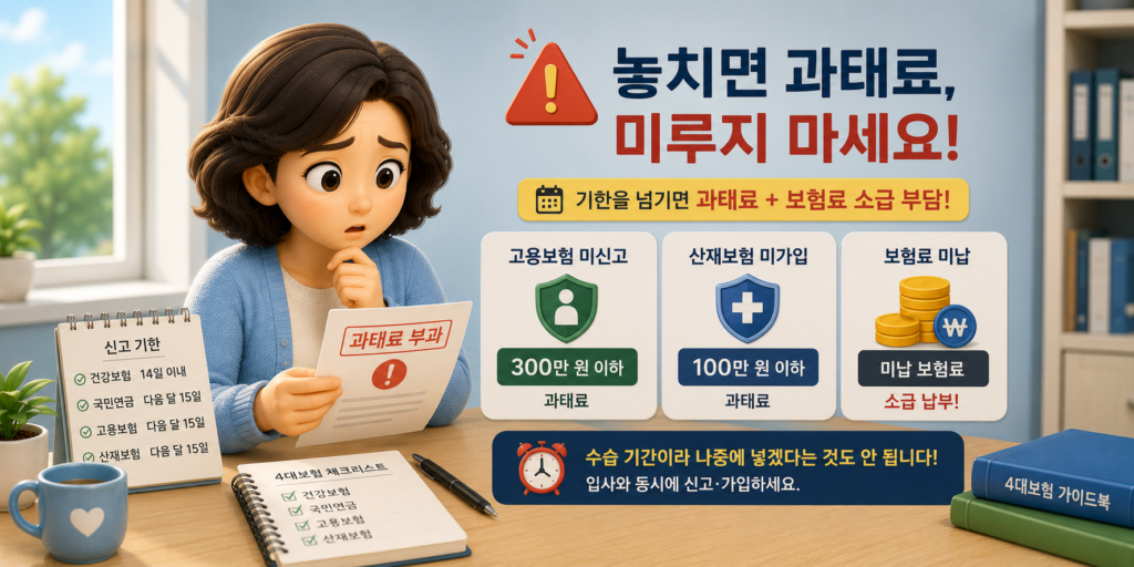 4대보험 신고를 놓치면 고용보험 300만 원·산재보험 100만 원 이하 과태료와 보험료 소급 부담이 생김을 정리한 도표