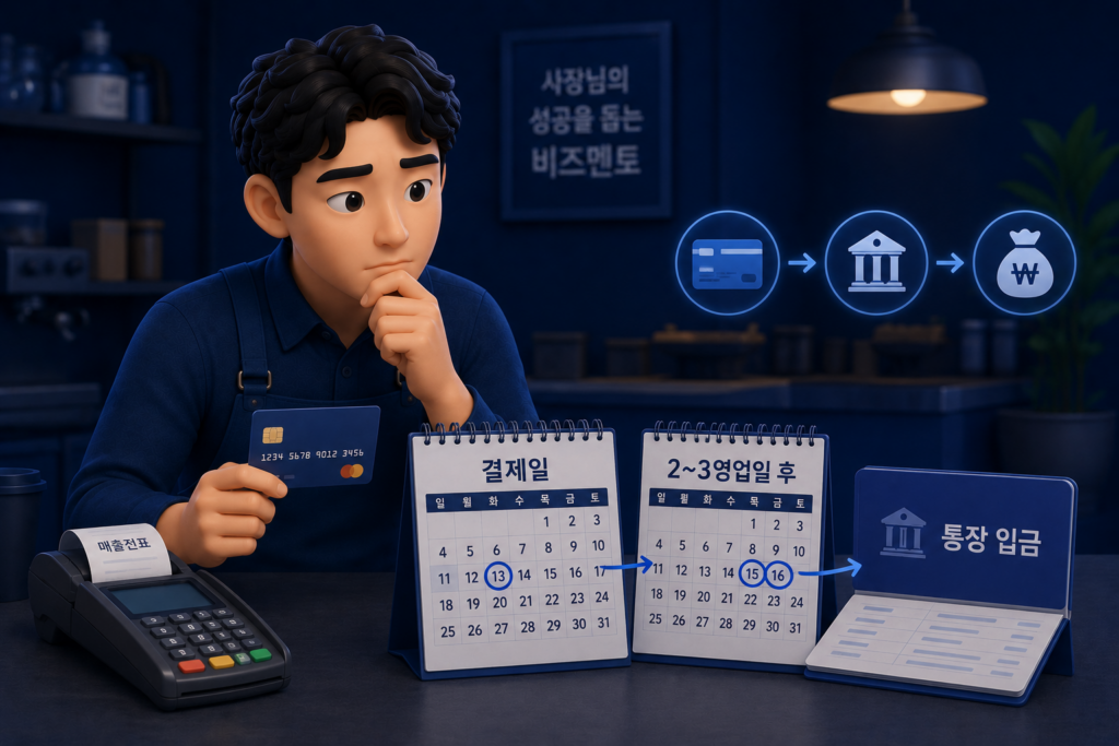 소규모 가맹점 카드 매출이 결제일 다음 2~3영업일 후 카드사별로 나눠 통장에 입금되는 정산 흐름을 보여주는 이미지