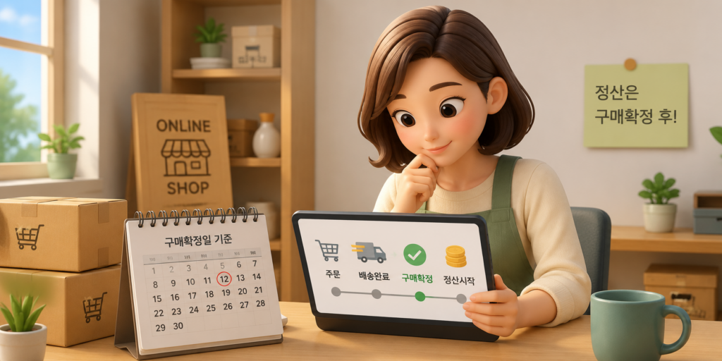 온라인 판매는 구매확정일 기준으로 정산돼 판매일과 입금일 사이가 열흘 이상 벌어질 수 있음을 보여주는 이미지