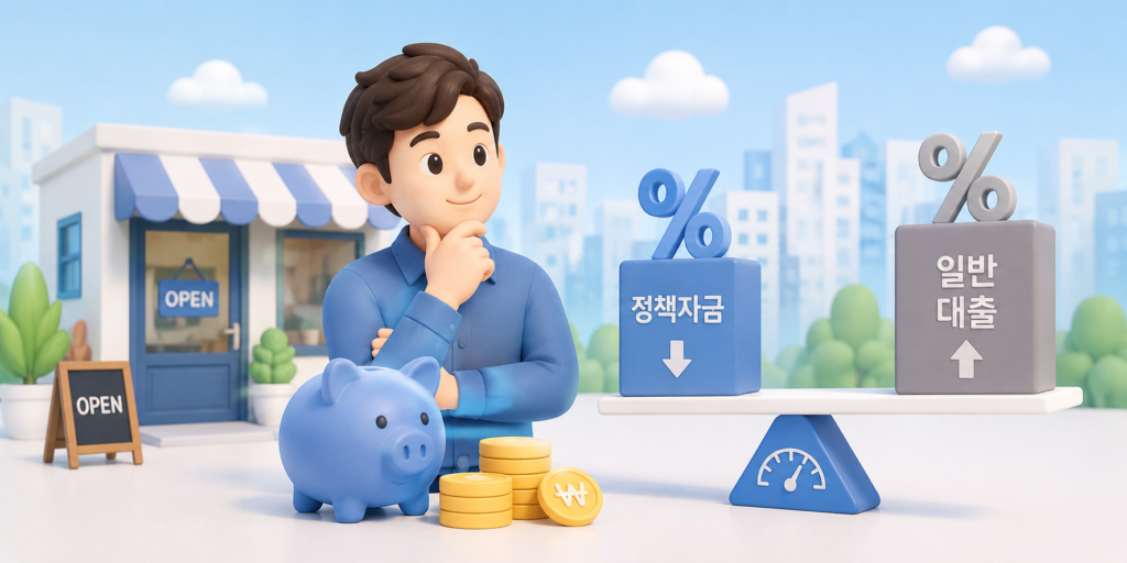 재기·폐업 지원을 고민하며 정책자금과 일반대출 금리를 저울로 비교하는 사업자