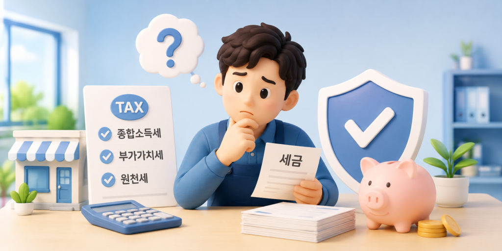 자영업자가 챙겨야 할 종합소득세·부가가치세·원천세 세 가지 세금을 정리한 도표