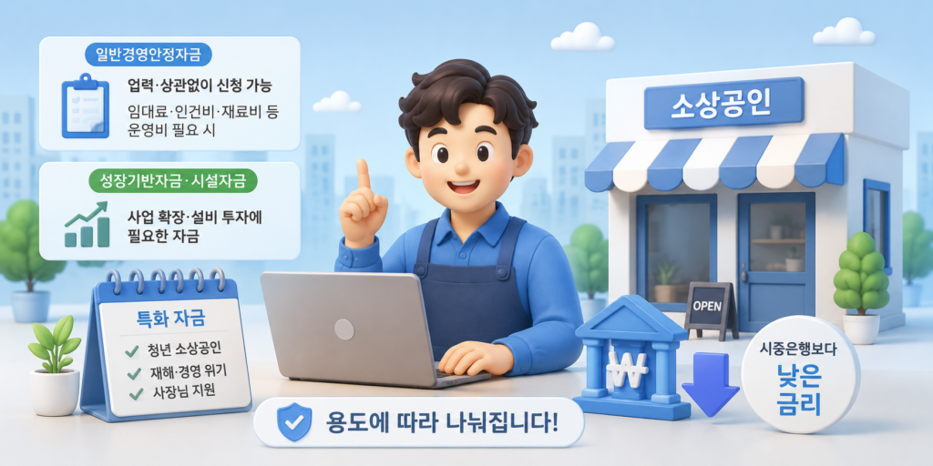 소상공인 정책자금을 일반경영안정자금·성장기반자금·특화자금 용도별로 정리한 도표