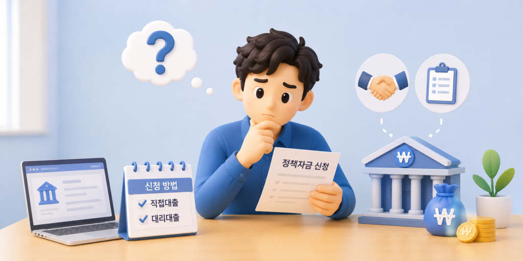 정책자금 신청 방법인 직접대출과 대리대출, 준비 서류를 정리한 도표