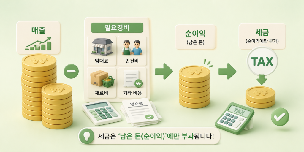 매출에서 필요경비를 뺀 순이익에만 세금이 부과되는 절세 원리를 보여주는 도표