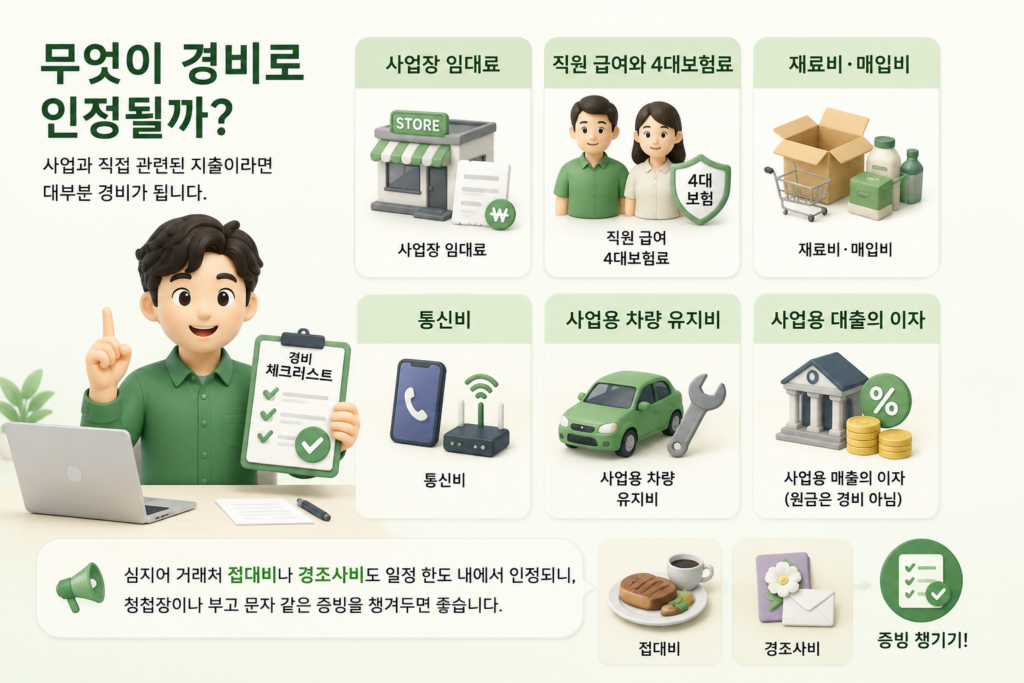 경비로 인정되는 임대료·급여·재료비·통신비·차량유지비·대출이자 등을 정리한 도표