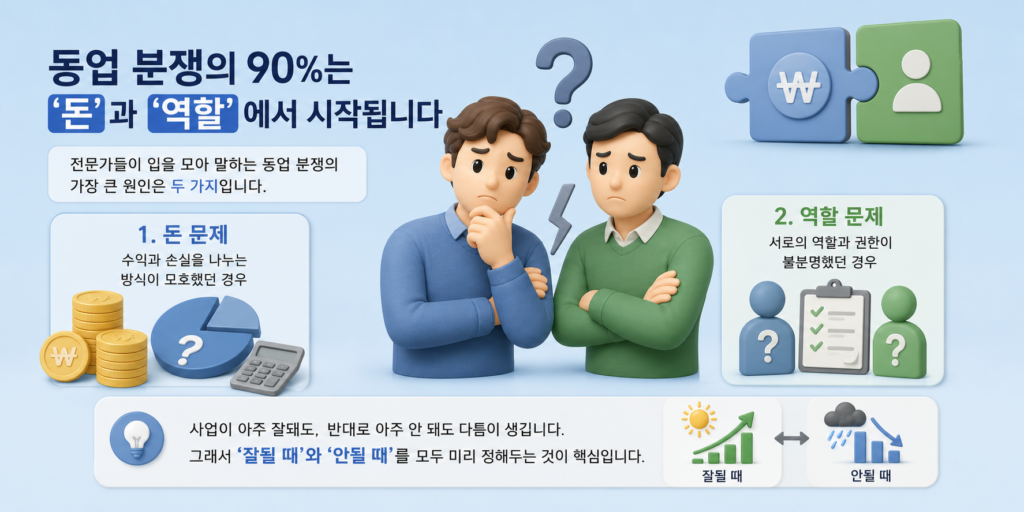 동업 분쟁의 원인인 돈 문제와 역할 문제 두 가지를 정리한 도표