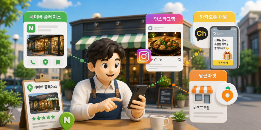 소상공인 필수 홍보 채널인 네이버 플레이스·인스타그램·카카오톡 채널·당근마켓을 정리한 도표